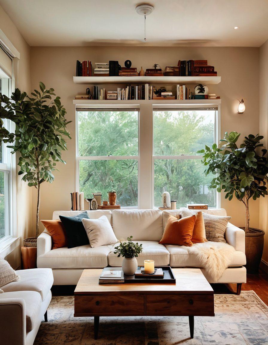 A cozy, beautifully decorated couple's living space, featuring soft lighting, warm colors, and unique personal touches like framed photos and plants. A comfortable sofa adorned with plush pillows is centered, with a coffee table surrounded by books and a bottle of wine. In the background, a window displays a serene view, symbolizing love and partnership. super-realistic. warm tones. inviting atmosphere.