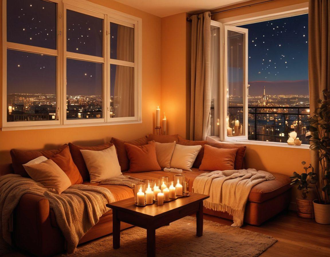 A romantic apartment interior featuring a softly lit living space with a plush couch, surrounded by candles and cozy blankets. Add a glimpse of a balcony with twinkling fairy lights and a starry night sky visible outside. Include a table set for two with a bottle of wine and two glasses, symbolizing affection and intimacy. Elements of warmth and comfort should radiate from the scene. super-realistic. warm colors. soft lighting.