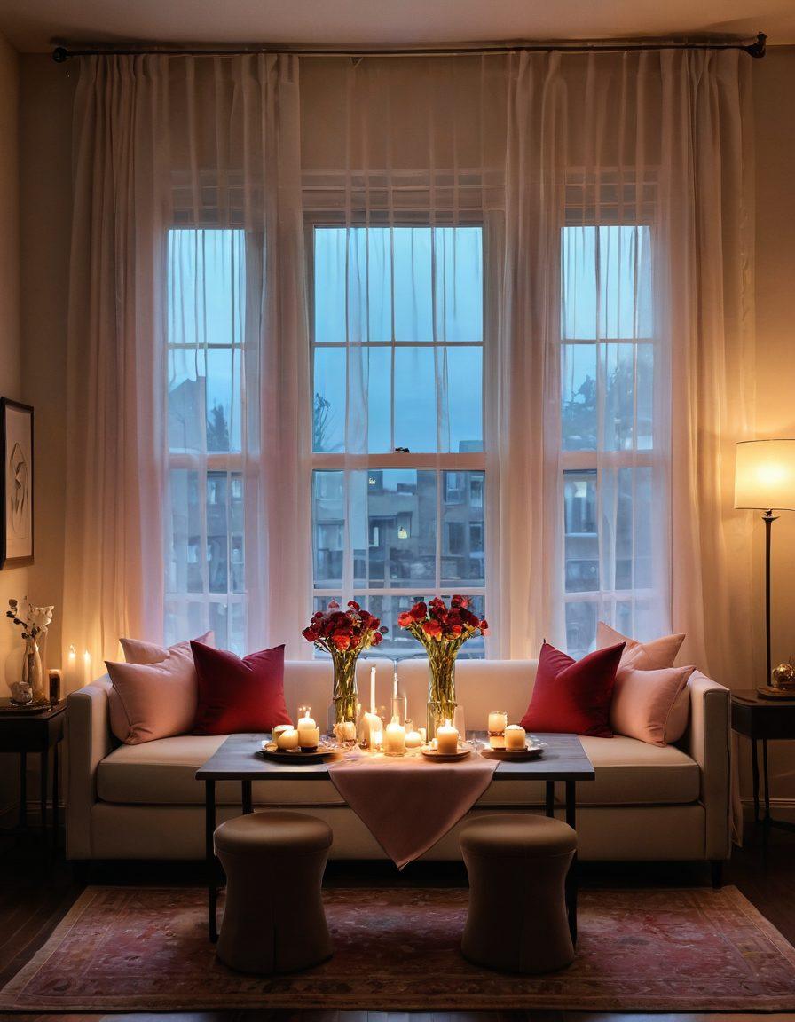 A cozy apartment setting with soft, dim lighting creating an intimate ambiance. Add plush cushions, a flowing sheer curtain, and a beautifully set table with candles and flowers. Incorporate a hint of romance with a couple's silhouette in the background, gently embracing. Create a warm, inviting color palette with reds, pinks, and soft whites. super-realistic. vibrant colors. warm tones.